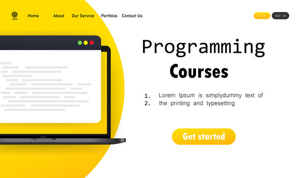 Programming courses illustration. Learning coding on laptop. Cyber education course concept. Studying creating program software. Vector on isolated white background. EPS 10