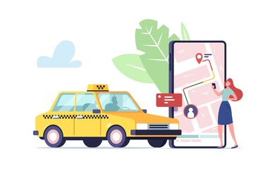 Naklejka premium Tiny Female Character Order Taxi via Smartphone App. Woman Use Application for Ordering Taxi Cab. Customer Waiting Car