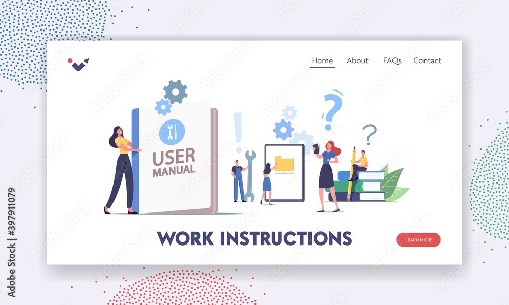 Poster user manual landing page template. people read book with instructions for equipment. characters with