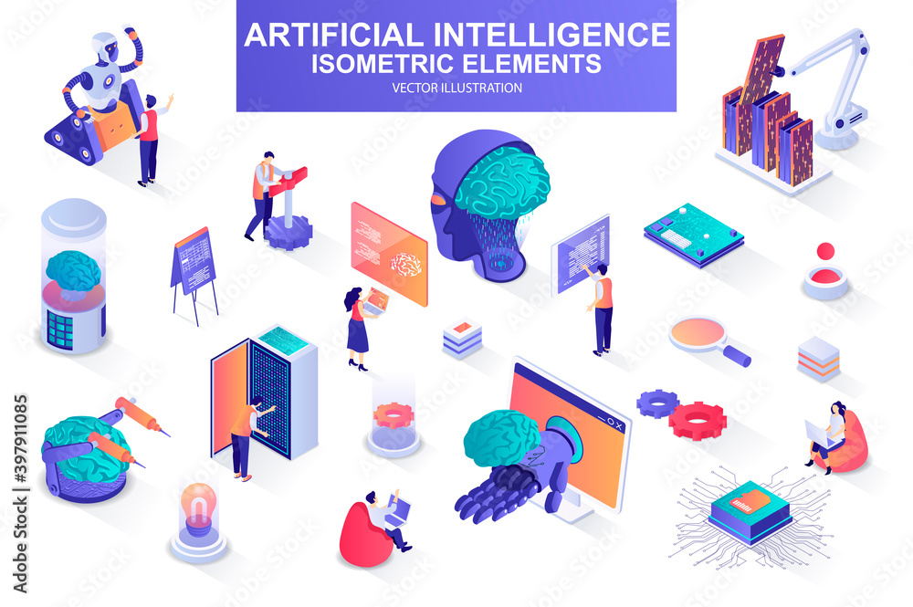 Poster Artificial intelligence bundle of isometric elements. Electronic brain, cyborg, deep learning, futuristic technology, robot isolated icons. Isometric vector illustration kit with people characters.
