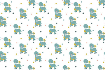 Seamless pattern of cute little smiling brontosaurus and butterflies are facing each other. Cartoon dinosaurs. White background. Cheerful children's endless texture on the friendship theme. Vector.