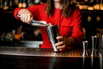 Fototapeta na wymiar woman at bar holds scoop and accurate pours ice cubes into shaker glass