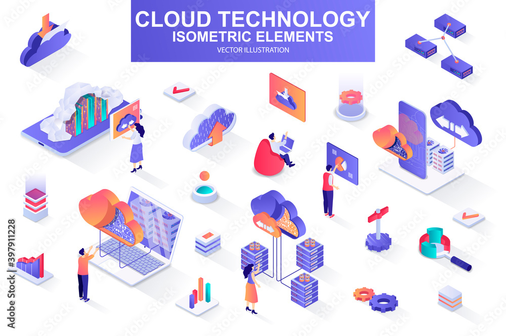 Leinwandbilder Cloud technology bundle of isometric elements. Server rack, hosting provider, information network, data storage, cloud database isolated icons. Isometric vector illustration kit with people characters