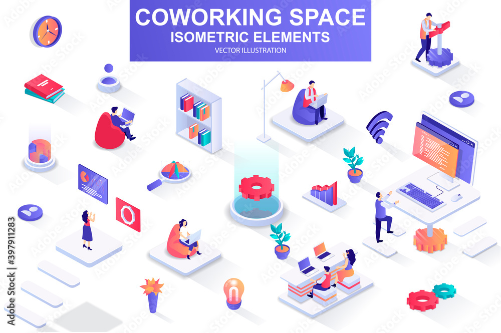 Poster coworking space bundle of isometric elements. freelancer work with laptop, coworking space, develope