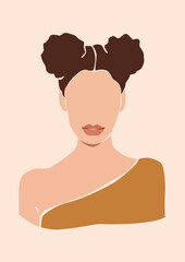 Brunette hair woman with buns. Girl face on the pink isolated background. 