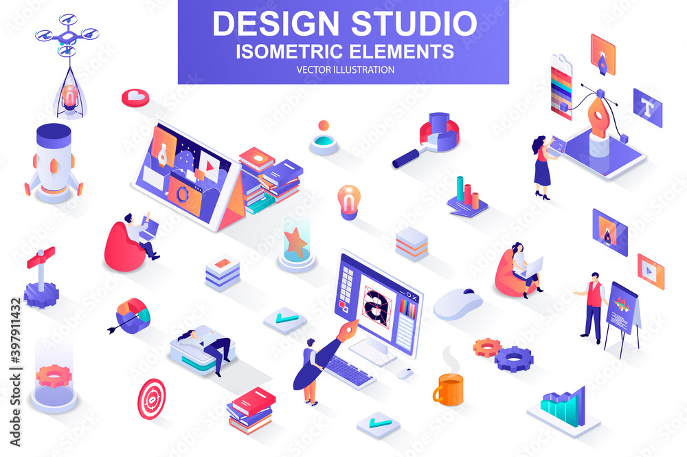 Poster design studio bundle of isometric elements. ui ux design, font typography, front end development, in