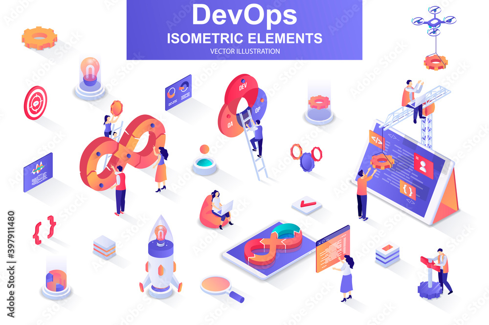 Poster DevOps bundle of isometric elements. Startup launch, software development, deployment and testing, automation and programming isolated icons. Isometric vector illustration kit with people characters.