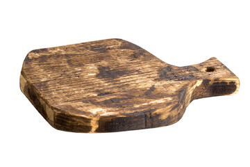 Old rustic, burnt, oval with handle, vintage, kitchen, cutting wood board, with texture and...