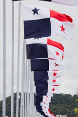 Bandera de Panamá en cinta costera, día nublado © Inkfinity Studio
