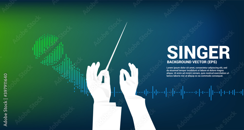 Poster vector conductor hand with sound wave microphone icon equalizer background. karaoke and concert grap