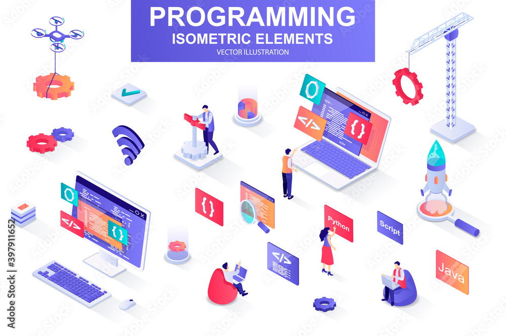 Aufkleber Programming bundle of isometric elements. Developer working, program languages, software engineering, full stack development isolated icons. Isometric vector illustration kit with people characters.