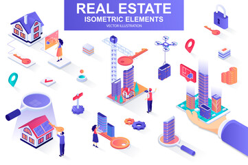 Fototapeta na wymiar Real estate bundle of isometric elements. Skyscraper, office center, real estate agency, realtor with key, downtown architecture isolated icons. Isometric vector illustration with people characters.