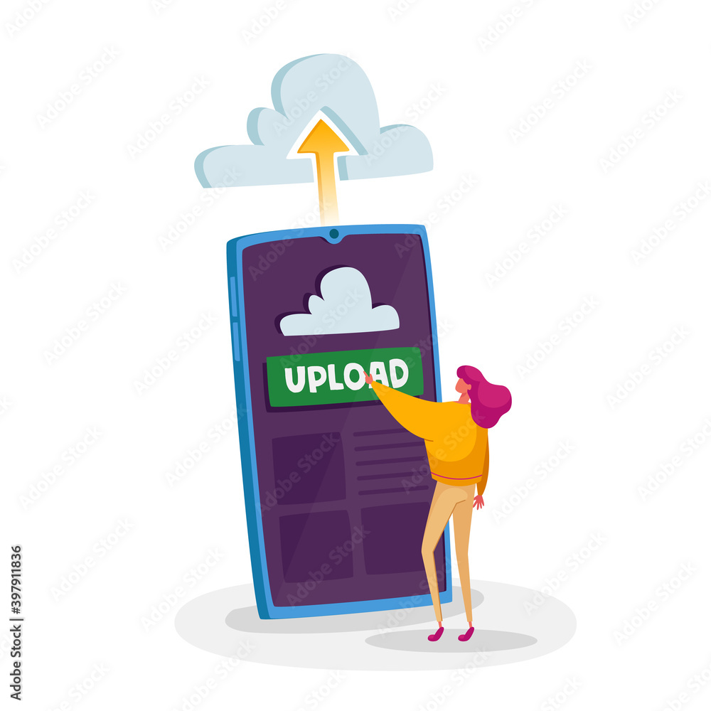 Poster cloud hosting concept. tiny female character upload file push button at huge smartphone sreen, virtu