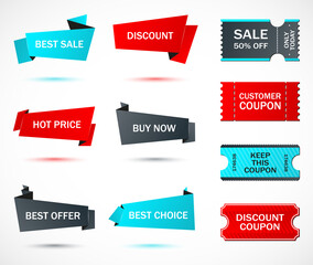 Vector stickers, price tag, banner, label. Coupon sale, offers and promotions vector template.