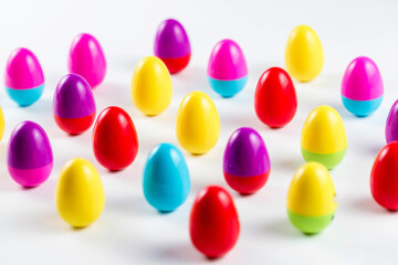 Colorful Plastic Easter Eggs on white background