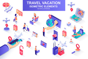 Travel vacation bundle of isometric elements. Flight booking, airplane boarding, tourist with luggage, travel agency, hotel reservation icons. Isometric vector illustration kit with people characters. © alexdndz