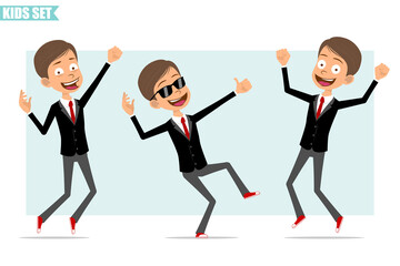 Fototapeta na wymiar Cartoon flat funny business boy character in black jacket with red tie. Kid jumping up, dancing and showing thumbs up sign. Ready for animation. Isolated on gray background. Vector set.