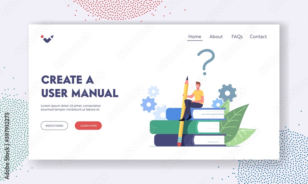 Poster user manual tutorial landing page template. tiny male character with pencil sit on guidance booklet 