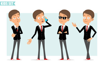 Cartoon flat funny business boy character in black jacket with red tie. Kid thinking, posing and talking on phone. Ready for animation. Isolated on gray background. Vector set.