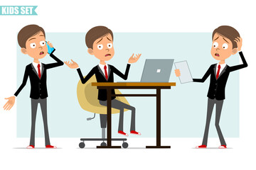 Cartoon flat funny business boy character in black jacket with red tie. Kid working on laptop, reading note and calling on phone. Ready for animation. Isolated on gray background. Vector set.