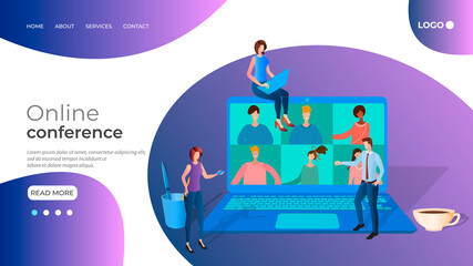 People hold an online conference.People on the background of a laptop with a webcam.The concept of freelancing Remote work and doing business online.3D vector illustration.