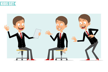 Cartoon flat funny business boy character in black jacket with red tie. Kid sneaking, showing Hi sign and reading note. Ready for animation. Isolated on gray background. Vector set.
