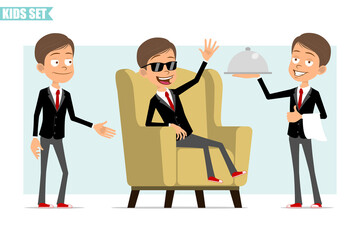 Obraz premium Cartoon flat funny business boy character in black jacket with red tie. Kid holding waiter tray, shaking hands and resting on soft chair. Ready for animation. Isolated on gray background. Vector set.