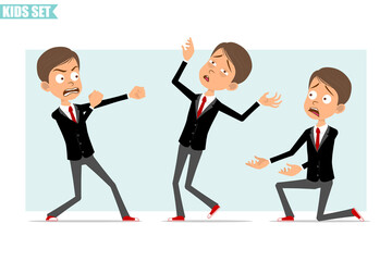 Cartoon flat funny business boy character in black jacket with red tie. Kid fighting, falling back and standing on knee. Ready for animation. Isolated on gray background. Vector set.