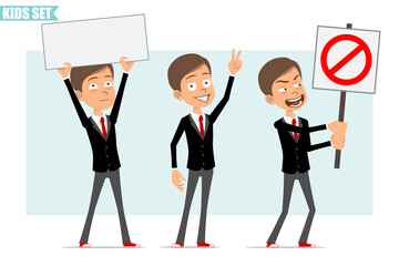 Cartoon flat funny business boy character in black jacket with red tie. Kid showing peace sign, holding no entry stop sign and blank sign. Ready for animation. Isolated on gray background. Vector set.