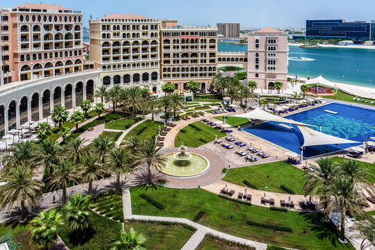 Wonderful area of 5 stars Hotel Ritz-Carlton Abu Dhabi with renaissance architecture (532 rooms, gardens with private beach, pool, 10 restaurants). ABU DHABI, UNITED ARAB EMIRATES. September 5, 2015.