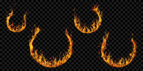 Set of burning arcs in different sizes with translucent fire flames on transparent background. For used on dark illustrations. Transparency only in vector format