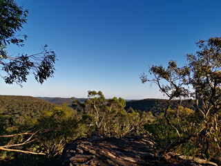 Fototapeta na wymiar Breathtaking view of mountain and valley landscape on a clear blue sky day, Wideview Lookout, Berowra Heights, Berowra Valley National Park, Sydney, New South Wales, Australia 