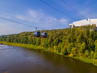 Cable car in Druskininkai from city center to snow arena over river of Nemunas