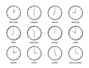 Clock with time of different world zone. Icons of clock of international timezones. Set of 12 modern clocks for travel or airport with time for New York, London, Sydney, Tokyo, Paris, Beijing. Vector