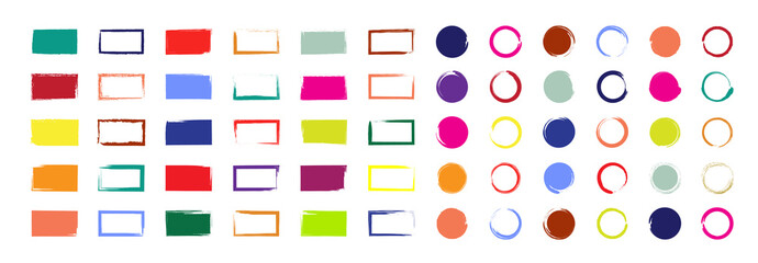 Grunge brush with colorful ink. Circle and rectangle shapes with borders. Color square paints with frames. Set of bright boxes for design. Templates of sketches for creative banners, labels. Vector - obrazy, fototapety, plakaty