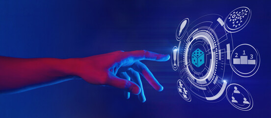 gamification and gaming technology illustration in neon style, hand touching dice icon, horizontal...