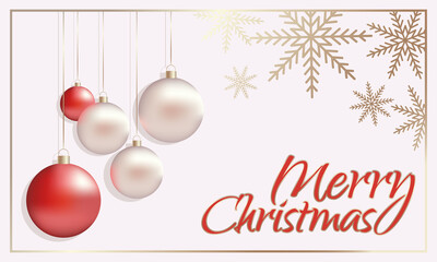 New year's banner with greetings in a gold frame, decorated with red and white Christmas balls and snowflakes