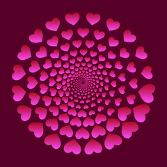 Halftone spiral with pink hearts. Abstract Valentines Day modern background.