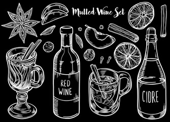 A set with hot drinks, bottles and mulled wine ingredients for the menu for the chalk board: mulled wine, fruit punch, tea, which include wine, orange, cinnamon, star anise, apple, cardamon, clove