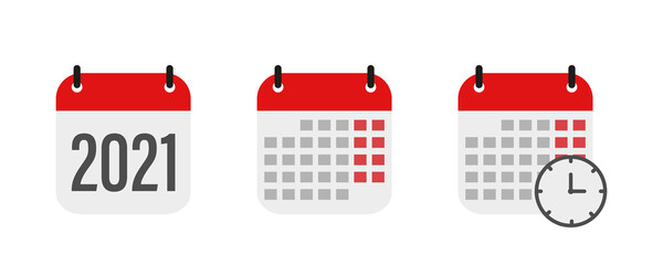 Calendar icon isolated on white background. Calendar with time clock. 2021 year . Vector illustration.