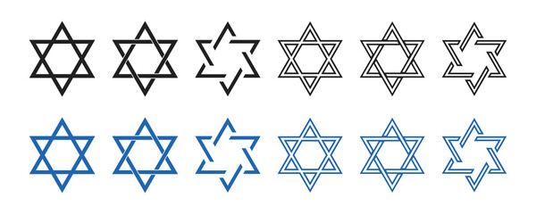 Star of David icon . Vector illustration on white background. Set of david stars . Jewish consept. Collection of blue and black six pointed stars.