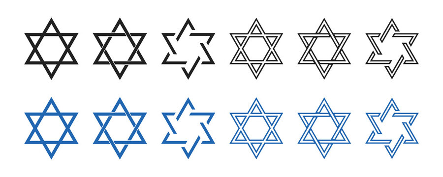 Star of David icon . Vector illustration on white background. Set of david stars . Jewish consept. Collection of blue and black six pointed stars.