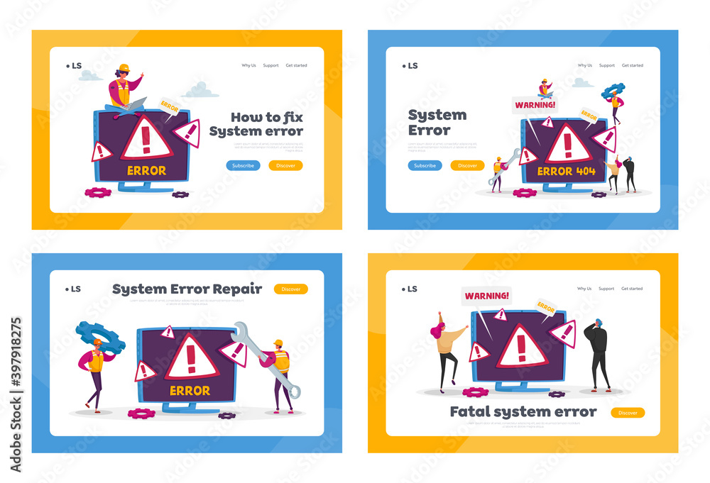 Aufkleber site under construction landing page template set. website error 404 page with tiny characters holdi