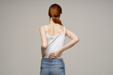 woman standing back massage scoliosis medicine isolated background