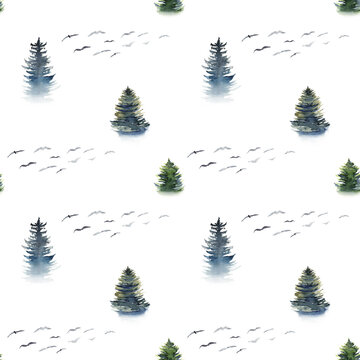 Seamless pattern with watercolor foggy pine trees and flocks of birds, hand drawn on white background
