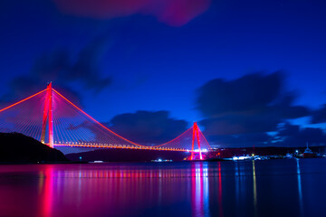 Panoramic view of the Yavuz Sultan Selim Bridge with backlit in Istanbul, Turkey. Night time. Third Istanbul bridge.
