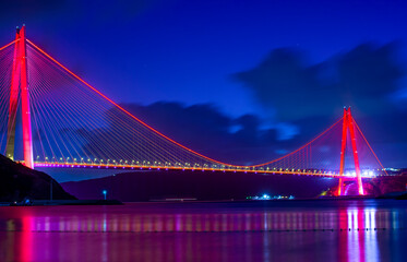 Panoramic view of the Yavuz Sultan Selim Bridge with backlit in Istanbul, Turkey. Night time. Third Istanbul bridge.