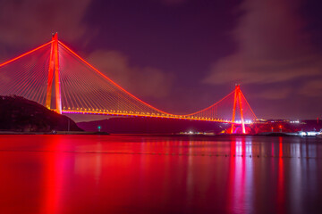 Panoramic view of the Yavuz Sultan Selim Bridge with backlit in Istanbul, Turkey. Night time. Third Istanbul bridge.