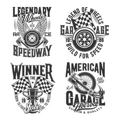 Obraz premium Racing sport, motocross speedway t-shirt prints for cars races and rally, vector icons. Racing championship and motorcycle speedway cup, wheels on fire and finish victory flag with engine pistons