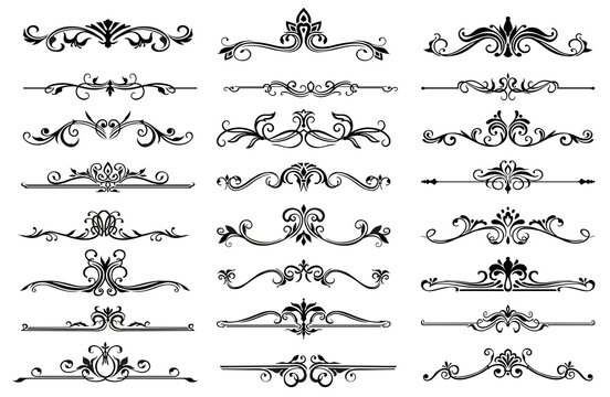 Floral frame border lines and dividers vector set. Ornate flower elements and vintage ornaments with branches, leaves and vines, wreath, laurel garlands, swirls and flourishes